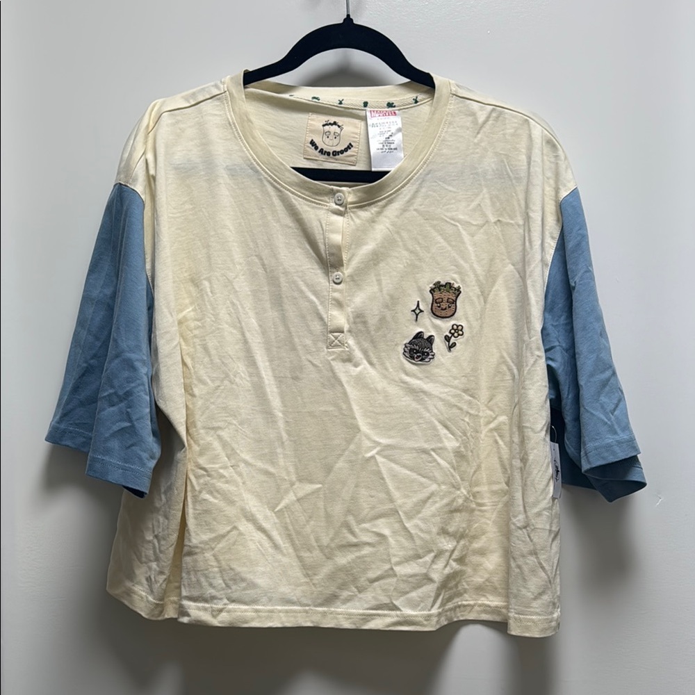 Marvel Groot and Rocket cream and blue Cropped Tee